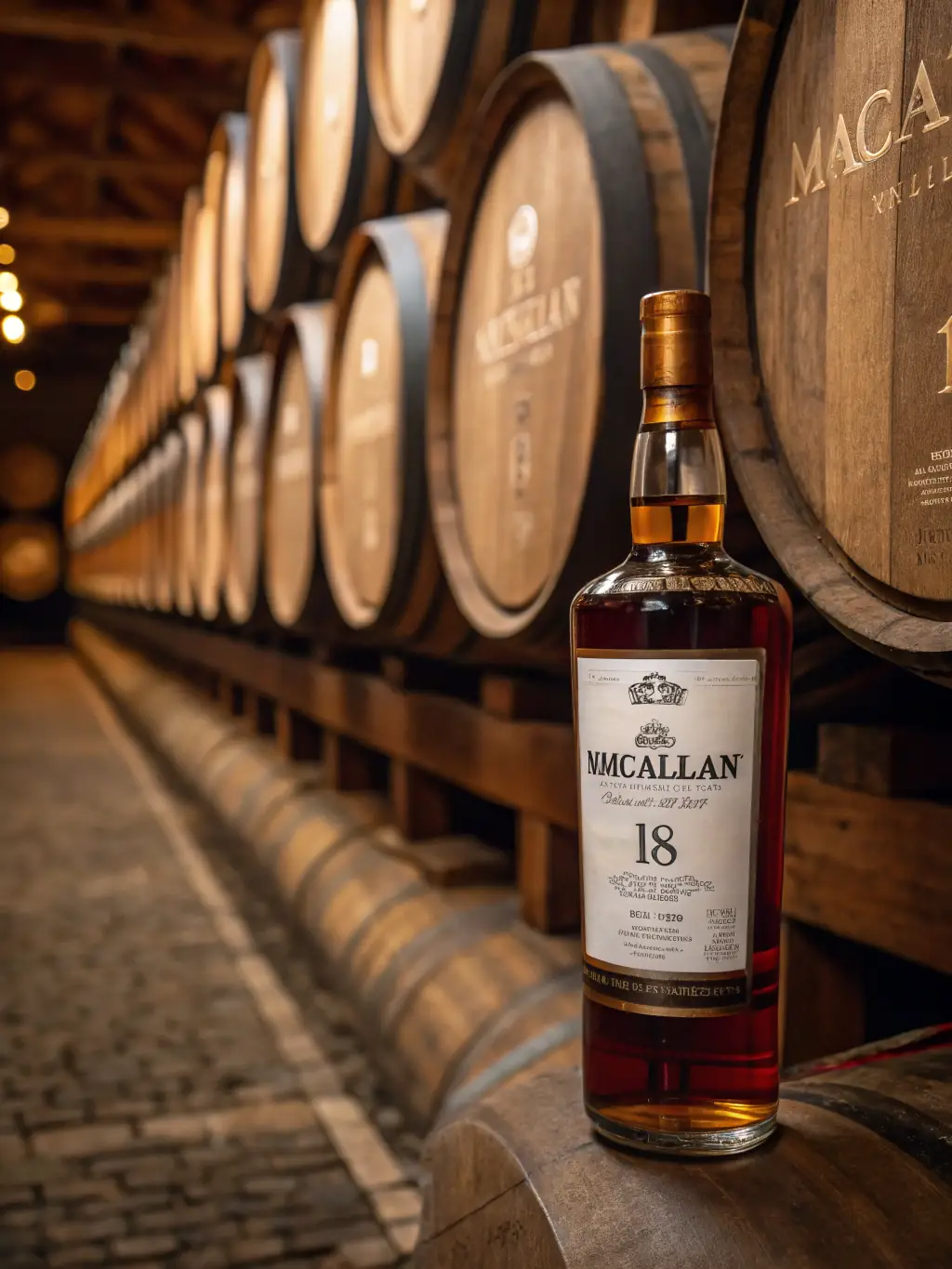 A detailed image of a Macallan Sherry Oak 12 Year bottle, showcasing its elegant design and the deep amber hue of the whiskey, placed on a dark wooden surface to emphasize its premium quality.
