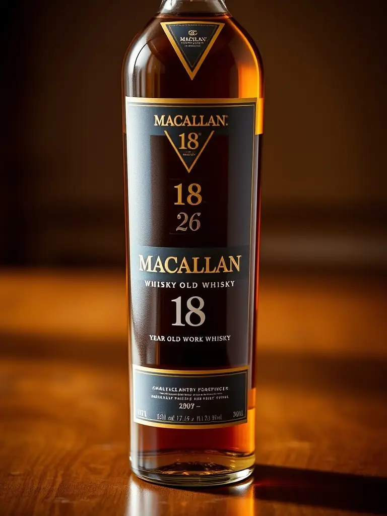 A close-up shot of a bottle of Glenfiddich 18 Year Old Single Malt whiskey, highlighting the intricate details of the label and the rich amber color of the liquid, set against a blurred background of a sophisticated bar.